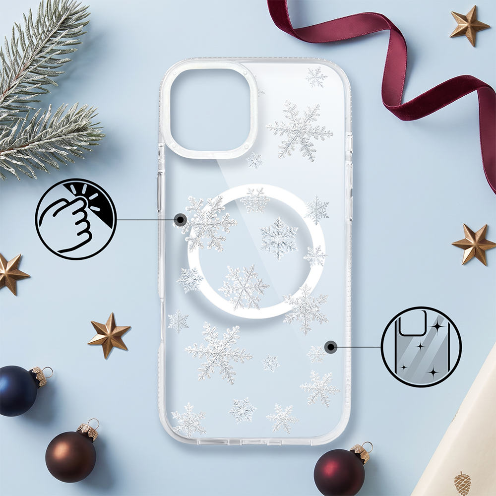 Etui do iPhone 13 z MagSafe, Zimowa Magia, Delikatne płatki śniegu, przeźroczyste ip 13 2 etui do iphone 13 z magsafe, zimowa magia, delikatne płatki śniegu, przeźroczyste