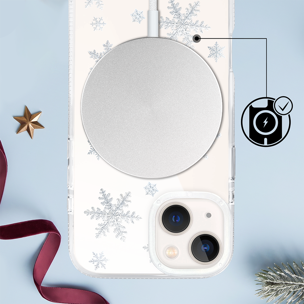 Etui do iPhone 13 z MagSafe, Zimowa Magia, Delikatne płatki śniegu, przeźroczyste ip 13 6 etui do iphone 13 z magsafe, zimowa magia, delikatne płatki śniegu, przeźroczyste