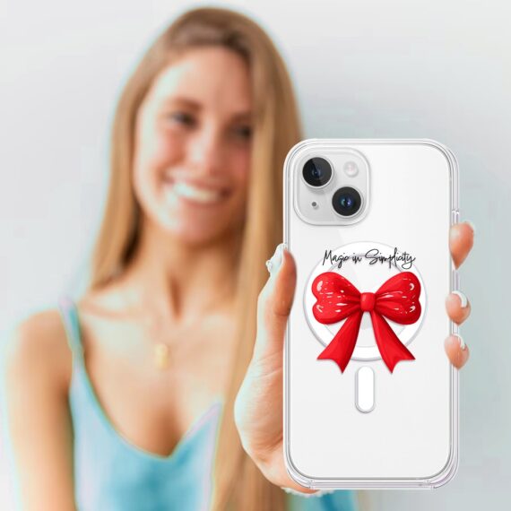 Etui do iPhone 14 z MagSafe, Przytulne święta, Czerwona kokarda, przeźroczyste2