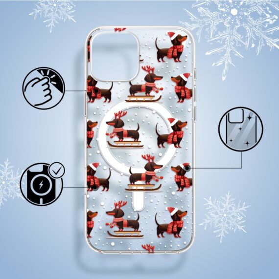 Etui do iPhone 14 z MagSafe, Przytulne święta, Jamniki na saniach, przeźroczyste1