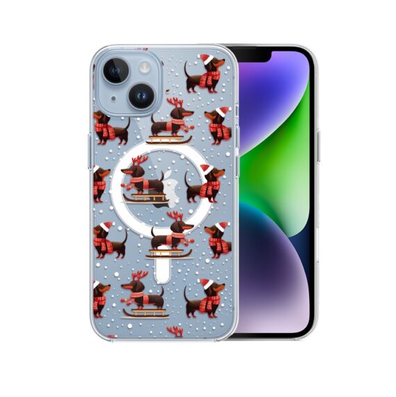Etui do iPhone 14 z MagSafe, Przytulne święta, Jamniki na saniach, przeźroczyste2