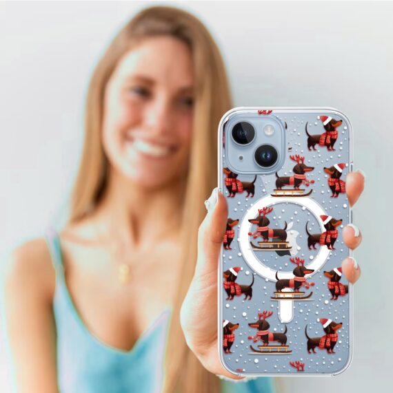 Etui do iPhone 14 z MagSafe, Przytulne święta, Jamniki na saniach, przeźroczyste3