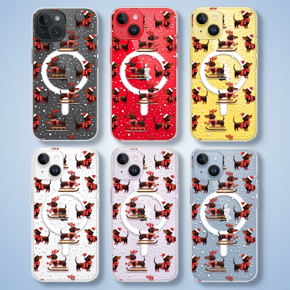Etui do iPhone 14 z MagSafe, Przytulne święta, Jamniki na saniach, przeźroczyste5