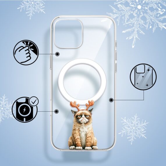 Etui do iPhone 14 z MagSafe, Przytulne święta, Kot który nie chciał być reniferem, przeźroczyste1