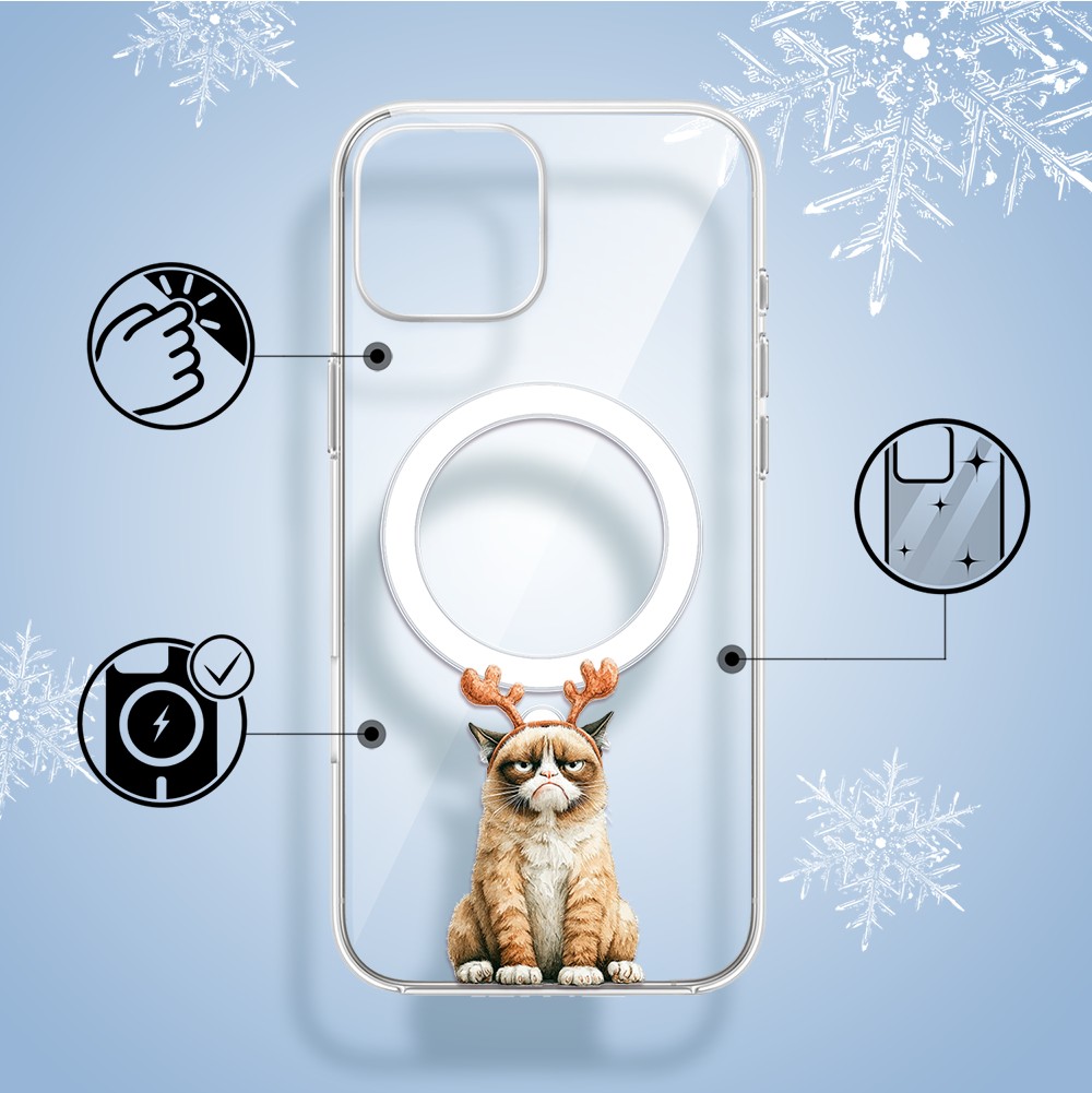 Etui do iPhone 14 z MagSafe, Przytulne święta, Kot który nie chciał być reniferem, przeźroczyste1