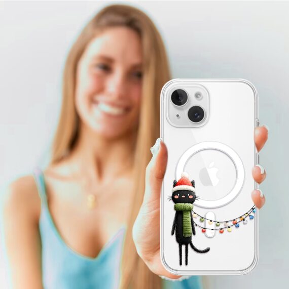 Etui do iPhone 14 z MagSafe, Przytulne święta, Kot przebrany za elfa, przeźroczyste3