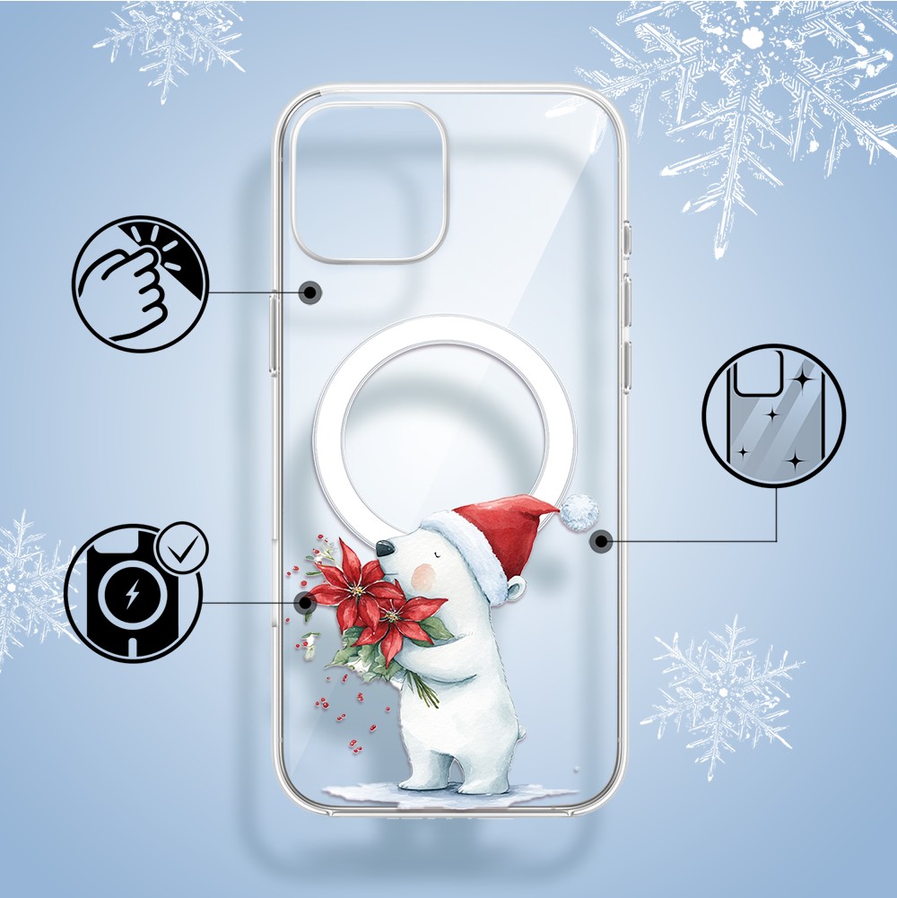Etui do iPhone 14 z MagSafe, Przytulne święta, Miś świąteczny, przeźroczyste1