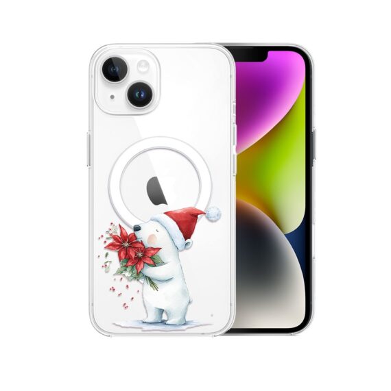 Etui do iPhone 14 z MagSafe, Przytulne święta, Miś świąteczny, przeźroczyste2