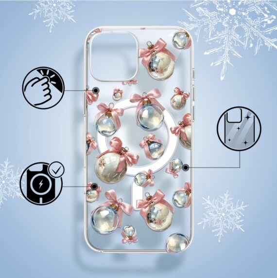 Etui do iPhone 14 z MagSafe, Przytulne święta, Pastelowe bombki, przeźroczyste1