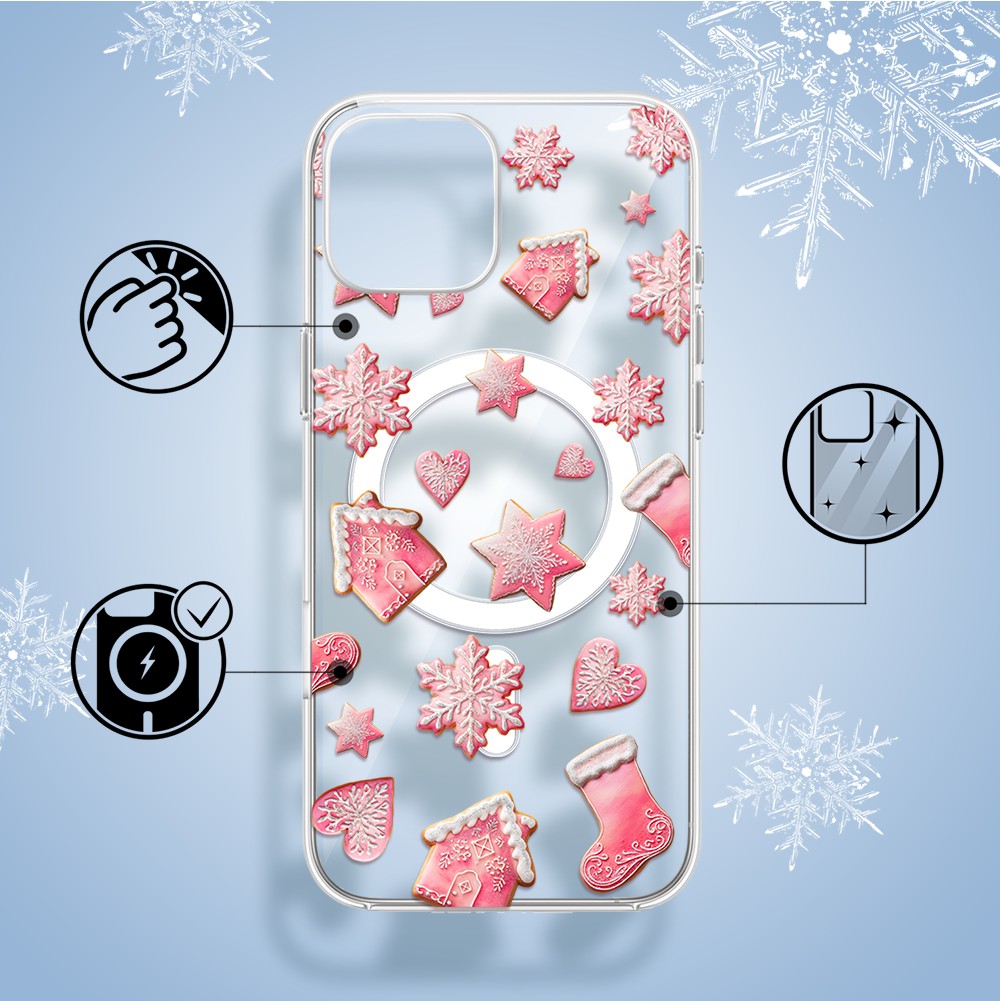 Etui do iPhone 14 z MagSafe, Przytulne święta, Różowe pierniczki, przeźroczyste1