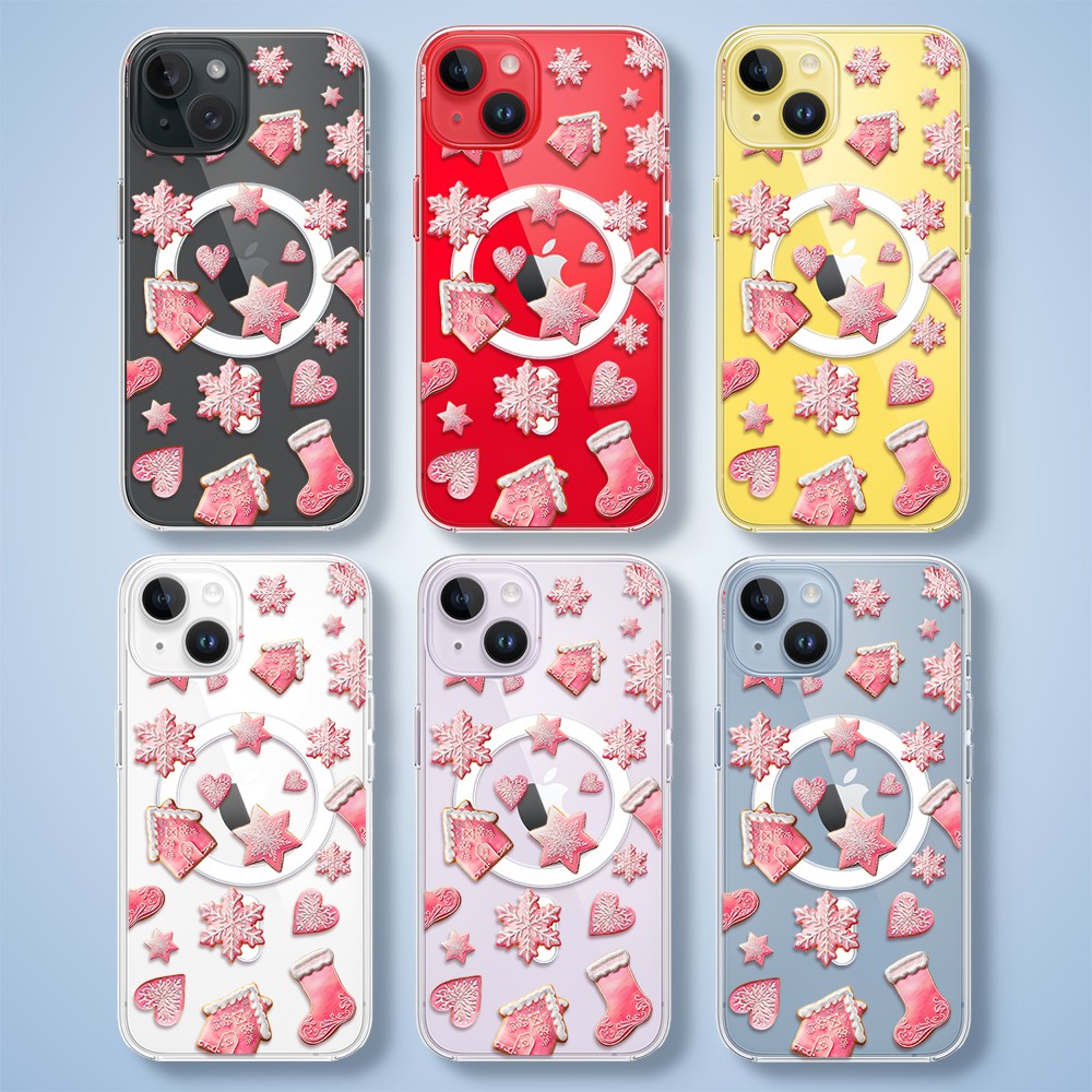Etui do iPhone 14 z MagSafe, Przytulne święta, Różowe pierniczki, przeźroczyste5