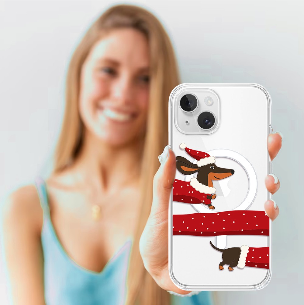 Etui do iPhone 14 z MagSafe, Przytulne święta, Świąteczny jamnik, przeźroczyste3