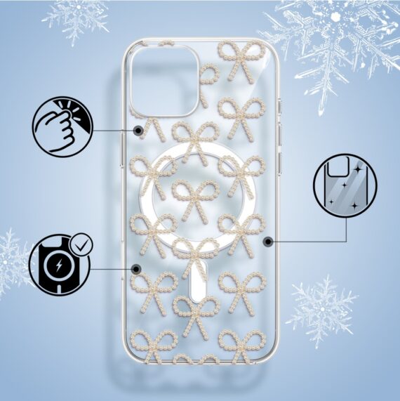 Etui do iPhone 14 z MagSafe, Przytulne święta, Złote kokardki, przeźroczyste1