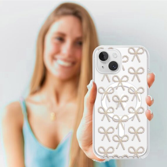 Etui do iPhone 14 z MagSafe, Przytulne święta, Złote kokardki, przeźroczyste3