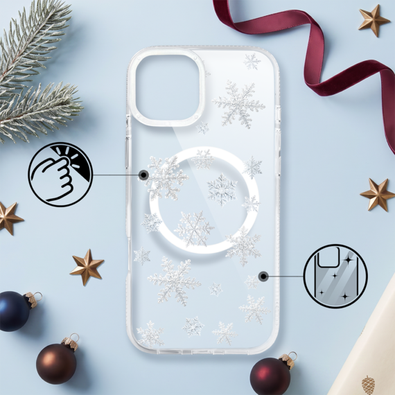 etui do iphone 14 z magsafe, zimowa magia, delikatne płatki śniegu, przeźroczyste