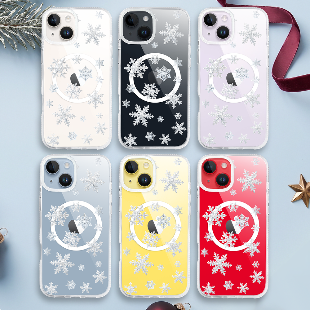 Etui do iPhone 14 z MagSafe, Zimowa Magia, Delikatne płatki śniegu, przeźroczyste ip 14 3 etui do iphone 14 z magsafe, zimowa magia, delikatne płatki śniegu, przeźroczyste