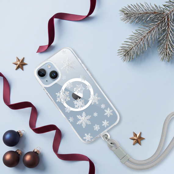 etui do iphone 14 z magsafe, zimowa magia, delikatne płatki śniegu, przeźroczyste