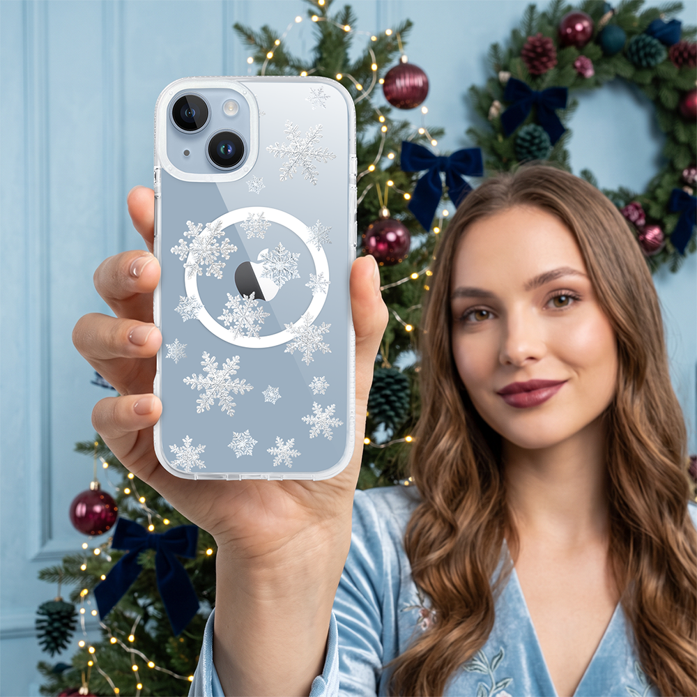 Etui do iPhone 14 z MagSafe, Zimowa Magia, Delikatne płatki śniegu, przeźroczyste ip 14 5 etui do iphone 14 z magsafe, zimowa magia, delikatne płatki śniegu, przeźroczyste