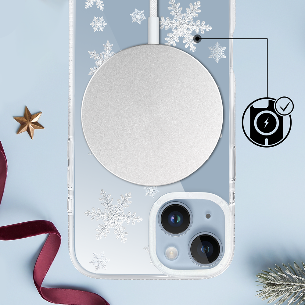Etui do iPhone 14 z MagSafe, Zimowa Magia, Delikatne płatki śniegu, przeźroczyste ip 14 6 etui do iphone 14 z magsafe, zimowa magia, delikatne płatki śniegu, przeźroczyste
