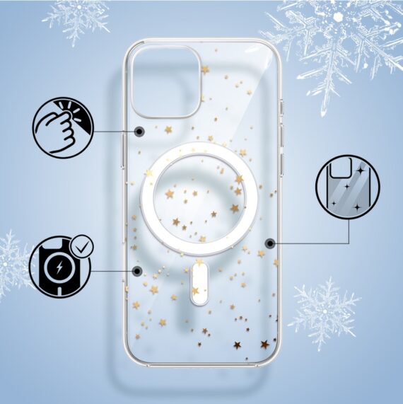 Etui do iPhone 14 z MagSafe, Zimowa Magia, Złote gwiazdki, przeźroczyste1