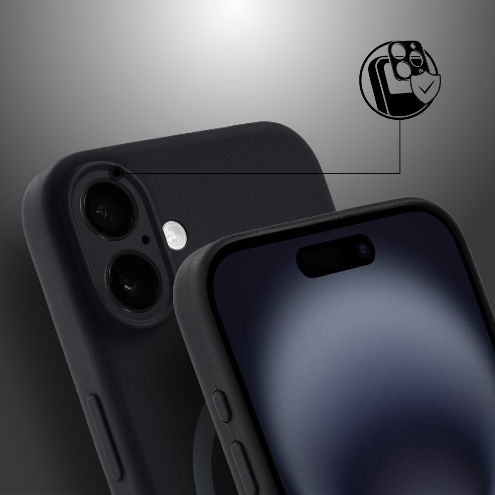 Etui do iPhone 16, silikonowe z MagSafe, mikrofibra soft touch z osłoną na aparat, czarne4