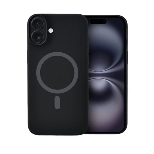 Etui do iPhone 16, silikonowe z MagSafe, mikrofibra soft touch z osłoną na aparat, czarne