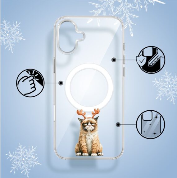 Etui do iPhone 16 z MagSafe, Przytulne święta, Kot który nie chciał być reniferem, przeźroczyste2