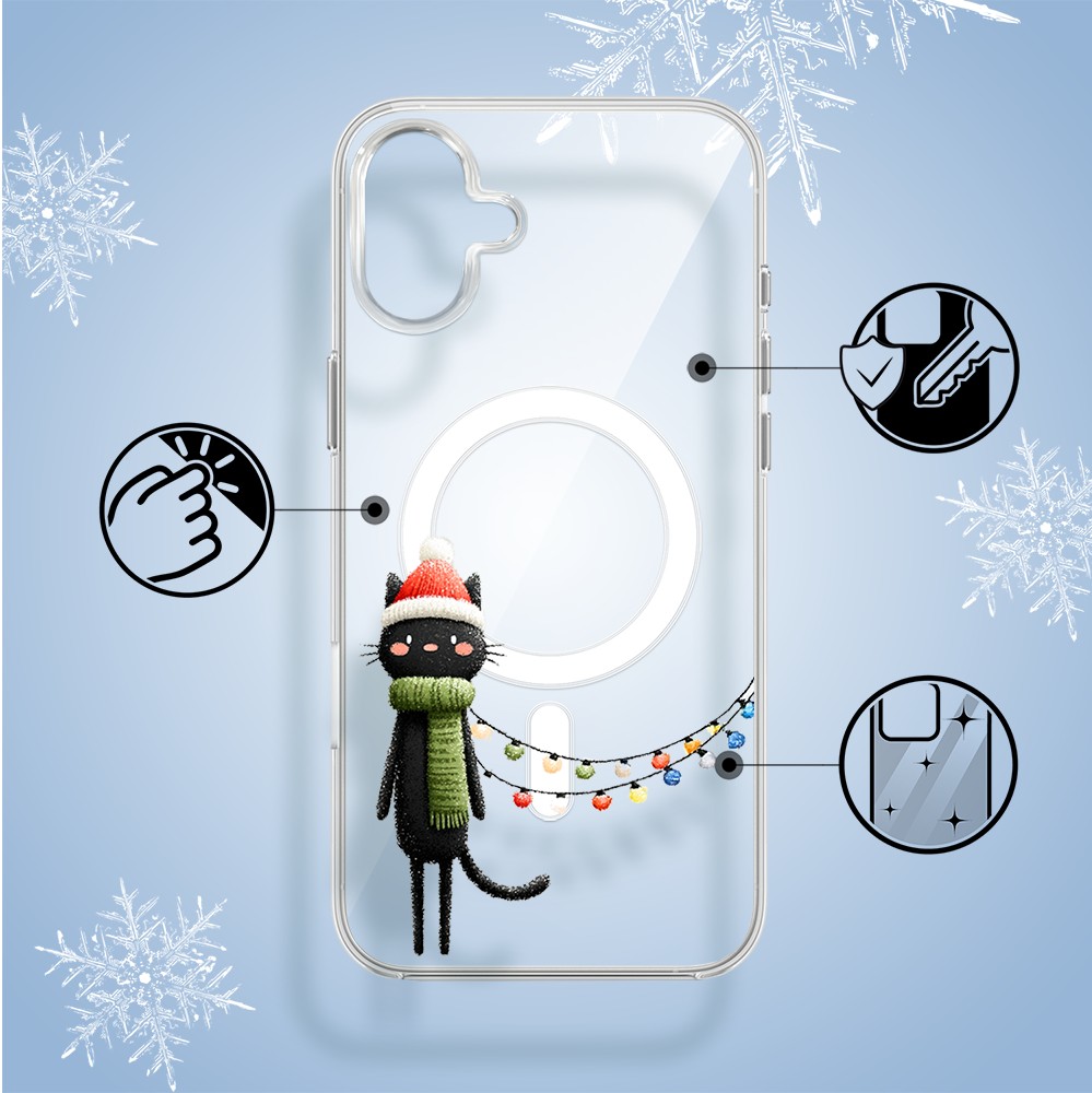 Etui do iPhone 16 z MagSafe, Przytulne święta, Kot przebrany za elfa, przeźroczyste2
