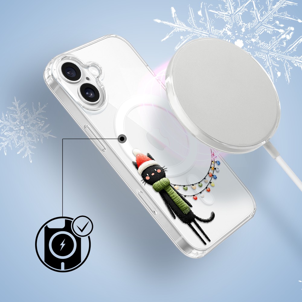 Etui do iPhone 16 z MagSafe, Przytulne święta, Kot przebrany za elfa, przeźroczyste4