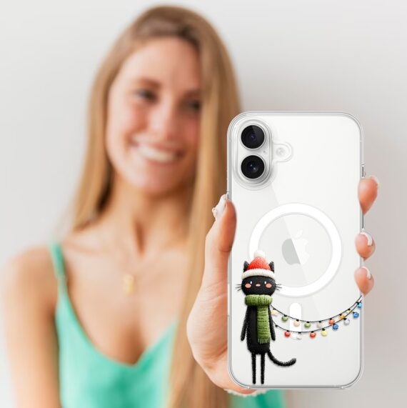Etui do iPhone 16 z MagSafe, Przytulne święta, Kot przebrany za elfa, przeźroczyste5