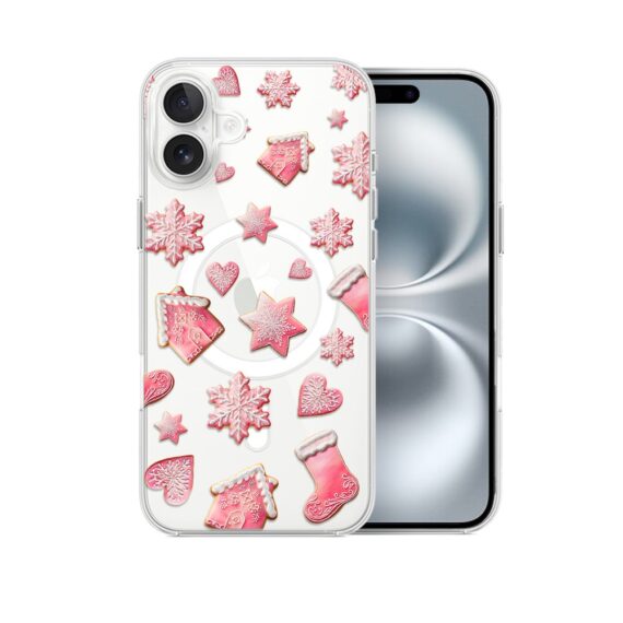 Etui do iPhone 16 z MagSafe, Przytulne święta, Różowe pierniczki, przeźroczyste1