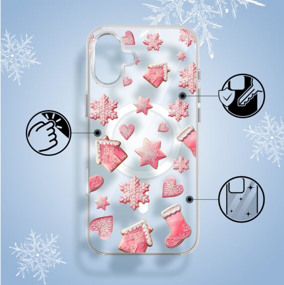 Etui do iPhone 16 z MagSafe, Przytulne święta, Różowe pierniczki, przeźroczyste2