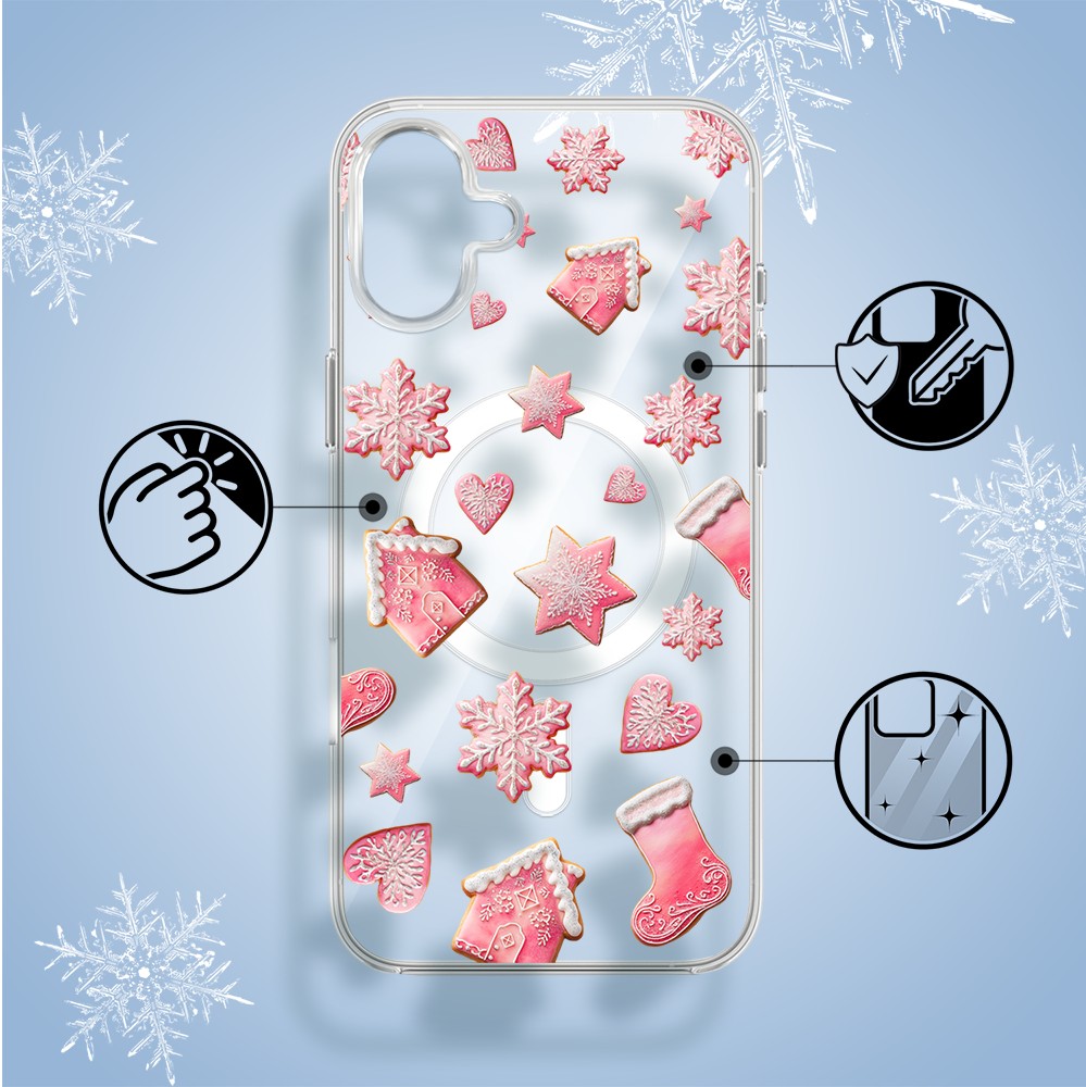 Etui do iPhone 16 z MagSafe, Przytulne święta, Różowe pierniczki, przeźroczyste2