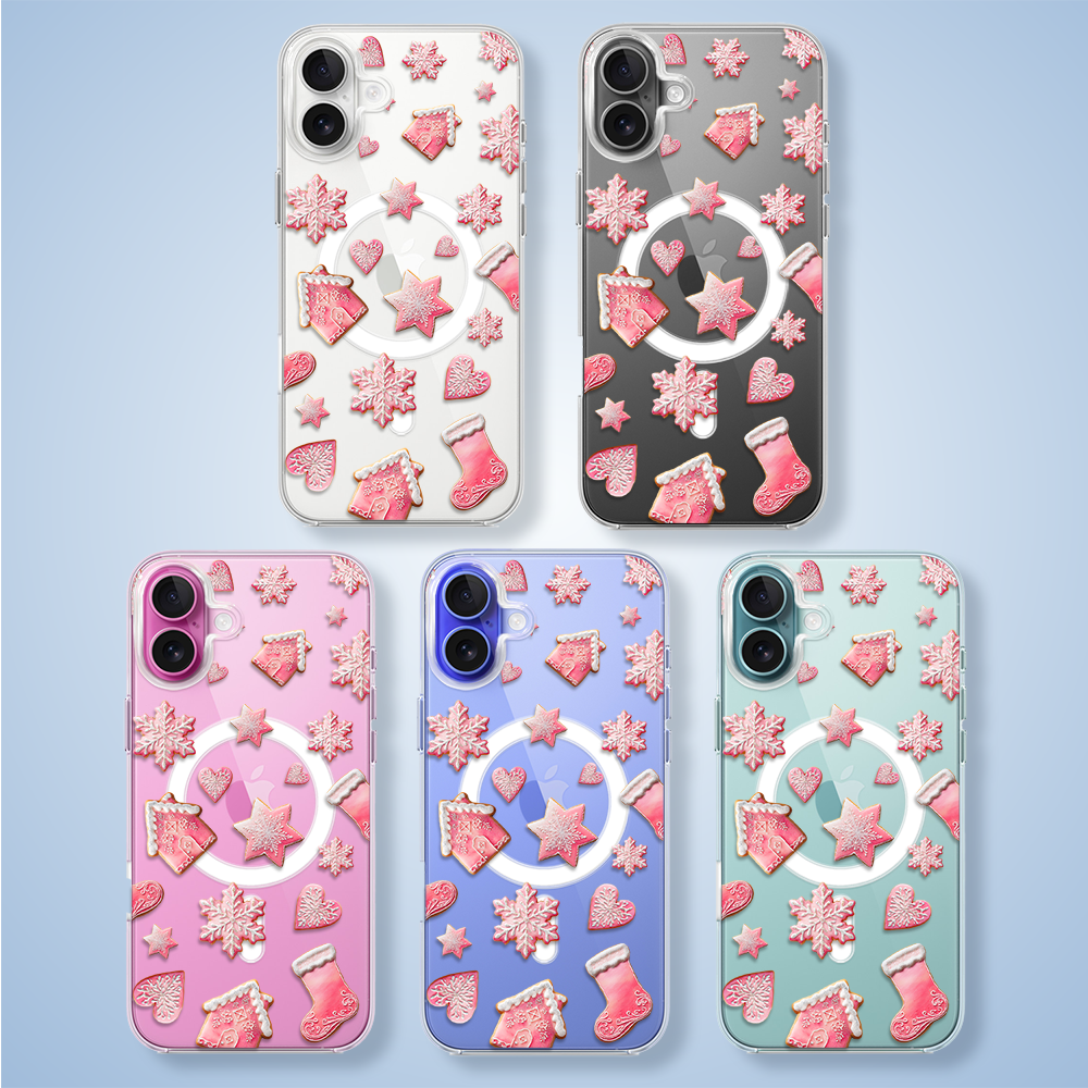 Etui do iPhone 16 z MagSafe, Przytulne święta, Różowe pierniczki, przeźroczyste3