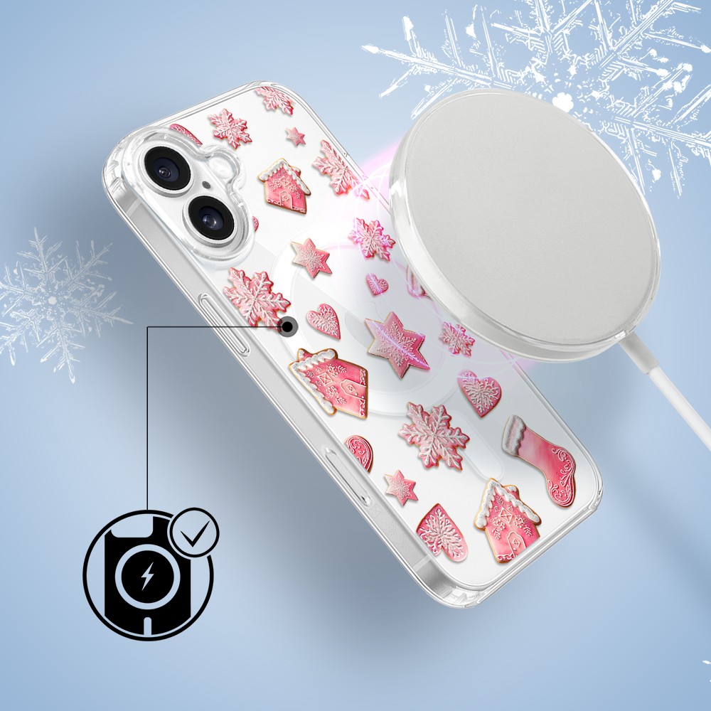 Etui do iPhone 16 z MagSafe, Przytulne święta, Różowe pierniczki, przeźroczyste4