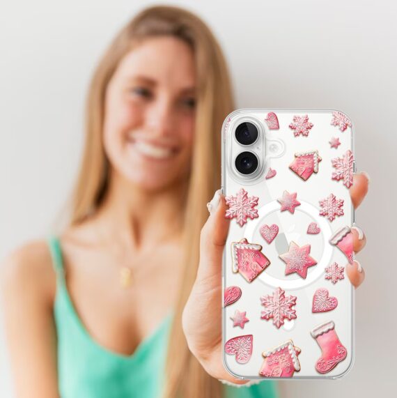 Etui do iPhone 16 z MagSafe, Przytulne święta, Różowe pierniczki, przeźroczyste5