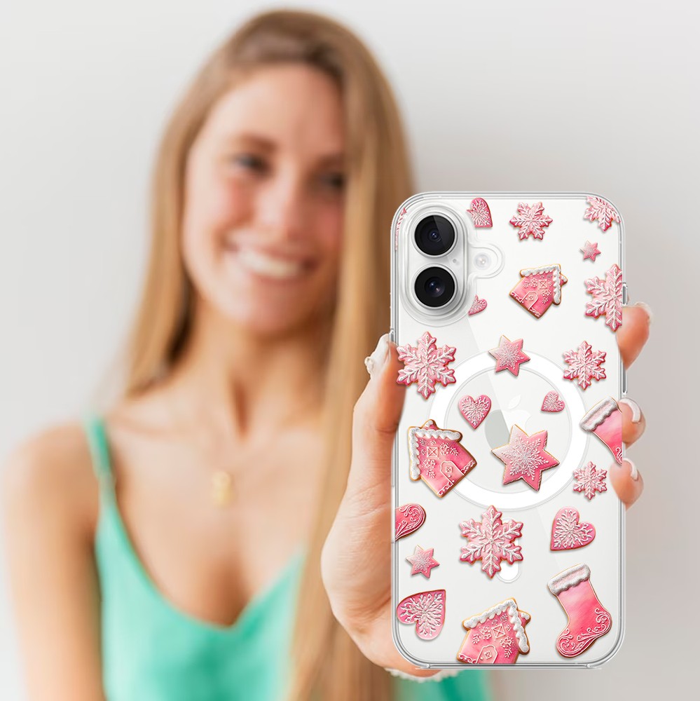 Etui do iPhone 16 z MagSafe, Przytulne święta, Różowe pierniczki, przeźroczyste5