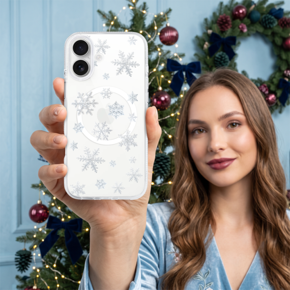 etui do iphone 16 z magsafe, zimowa magia, delikatne płatki śniegu, przeźroczyste