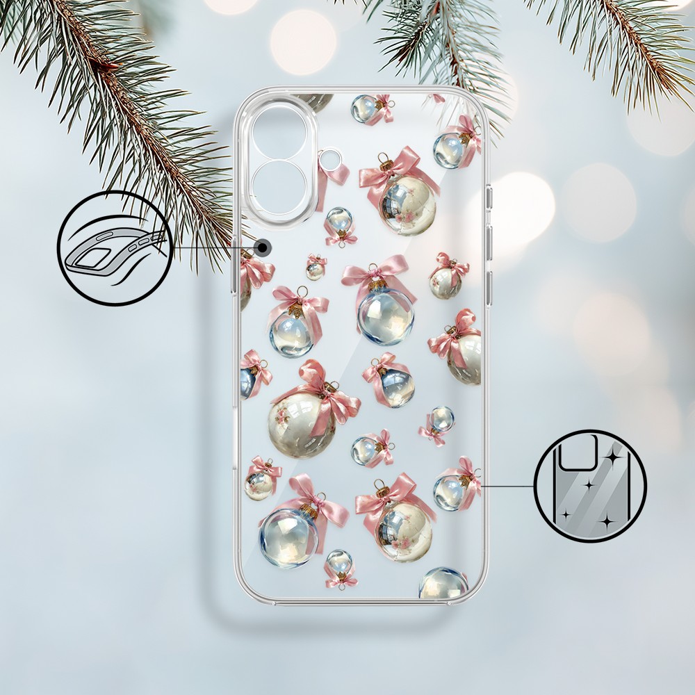 Etui do iPhone 17, Przytulne święta, Pastelowe bombki, przeźroczyste (5)