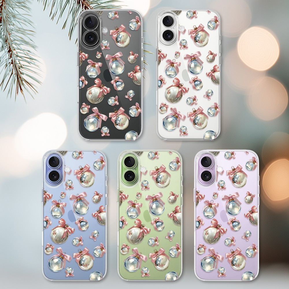 Etui do iPhone 17, Przytulne święta, Pastelowe bombki, przeźroczyste (6)
