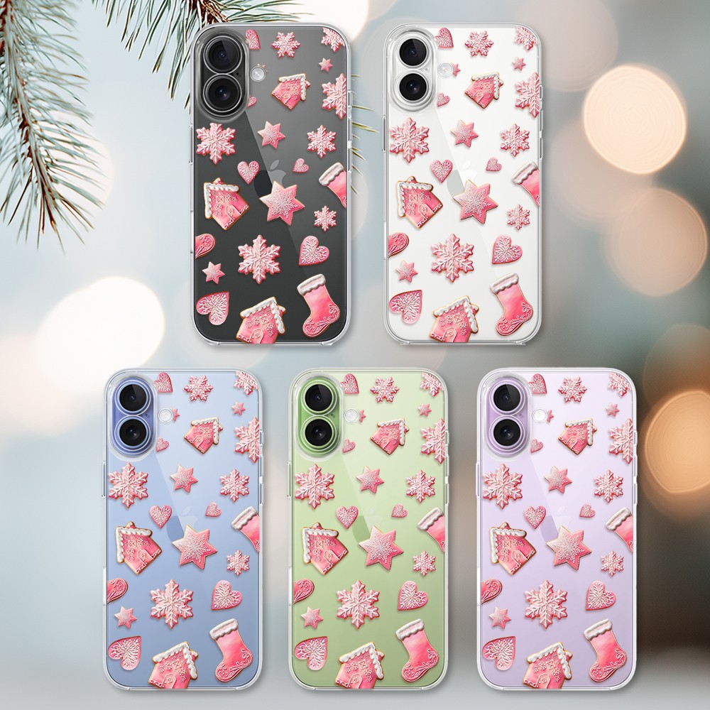 Etui do iPhone 17, Przytulne święta, Różowe pierniczki, przeźroczyste (1)