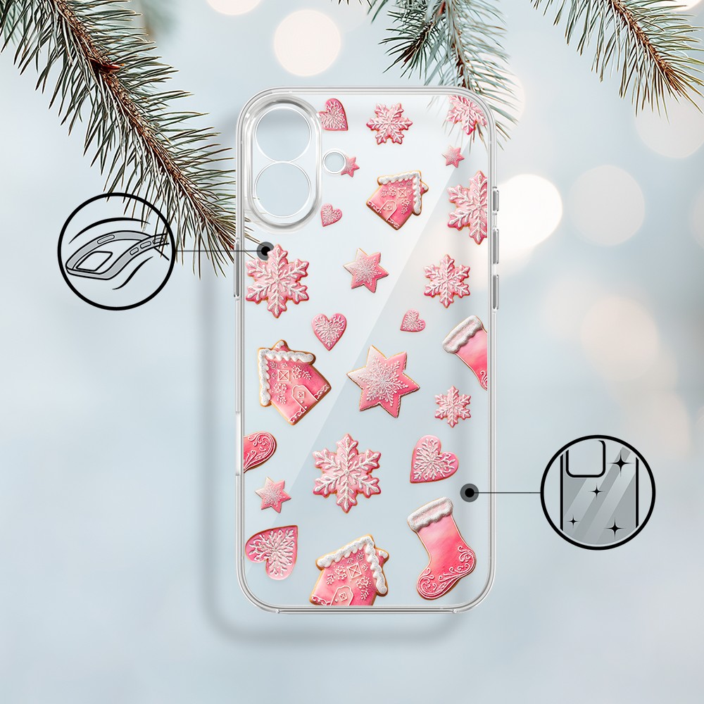 Etui do iPhone 17, Przytulne święta, Różowe pierniczki, przeźroczyste (6)