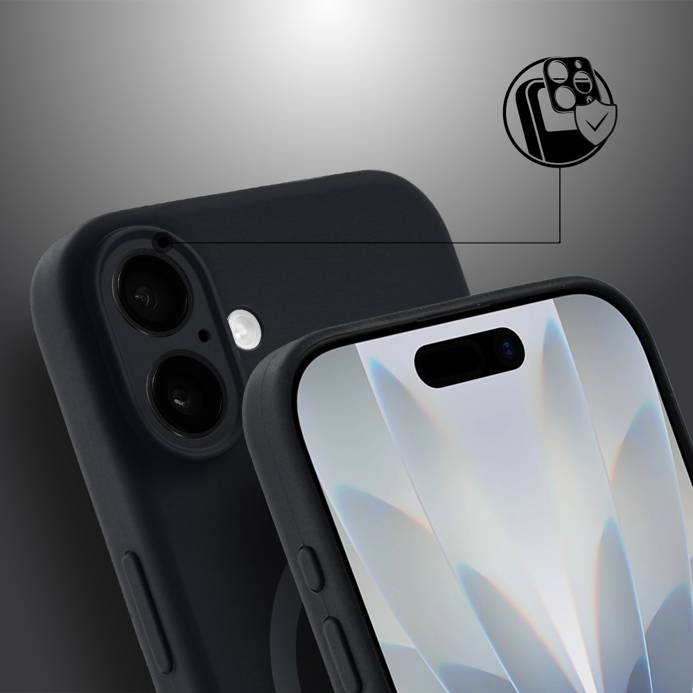 Etui do iPhone 17, silikonowe z MagSafe, mikrofibra soft touch z osłoną na aparat, czarne (3)