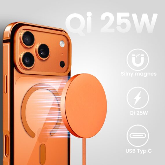 Pomarańćzowe-1Ładowarka magnetyczna do MagSafe iPhone indukcyjna Qi 15W, pomarańczowa