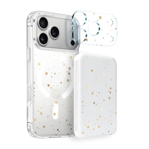 Proniebieskie kZestaw do iPhone 17 Pro Max: etui, szkło na aparat, power bank, złote gwiazdkiZestaw do iPhone 17 Pro: etui, szkło na aparat, power bank, złote gwiazdki