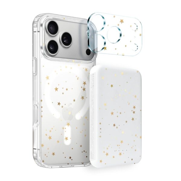 Zestaw do iPhone 17 Pro Max: etui, szkło na aparat, power bank, złote gwiazdki