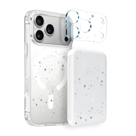 Proniebieskie kZestaw do iPhone 17 Pro etui, szkło na aparat, power bank, szampańskie gwiazdki grafiki