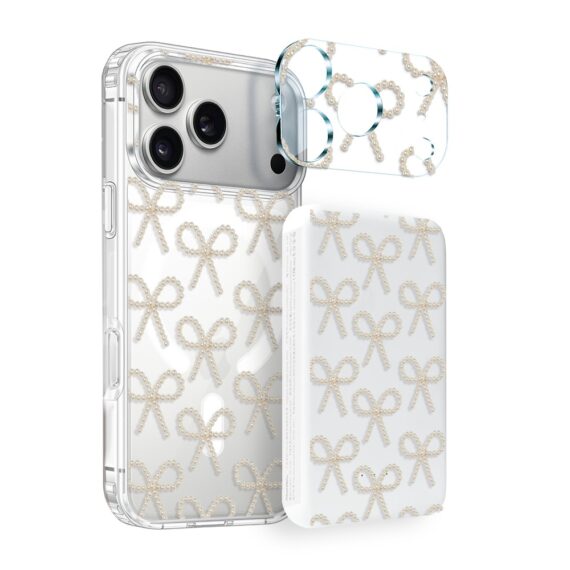 Proniebieskie kZestaw do iPhone 17 Pro etui, szkło na aparat, power bank, złote kokardki