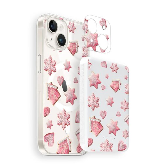 Zestaw do iPhone 15 Plus glowna etui, szkło na aparat, power bank, różowe pierniczki