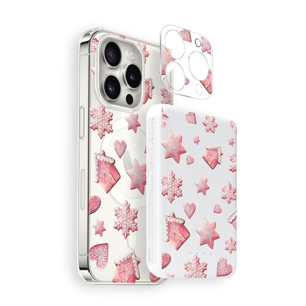 Zestaw do iPhone 14 Pro: etui, szkło na aparat, power bank, różowe pierniczki